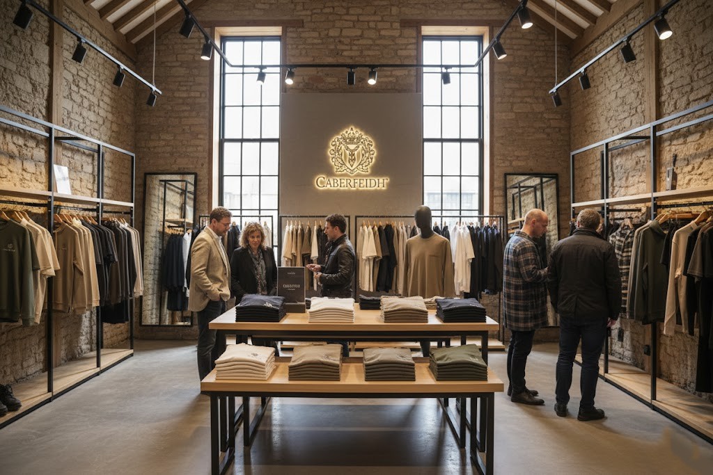 Caberfeidh boutique interior - exposed stone walls, curated clothing displays, warm lighting