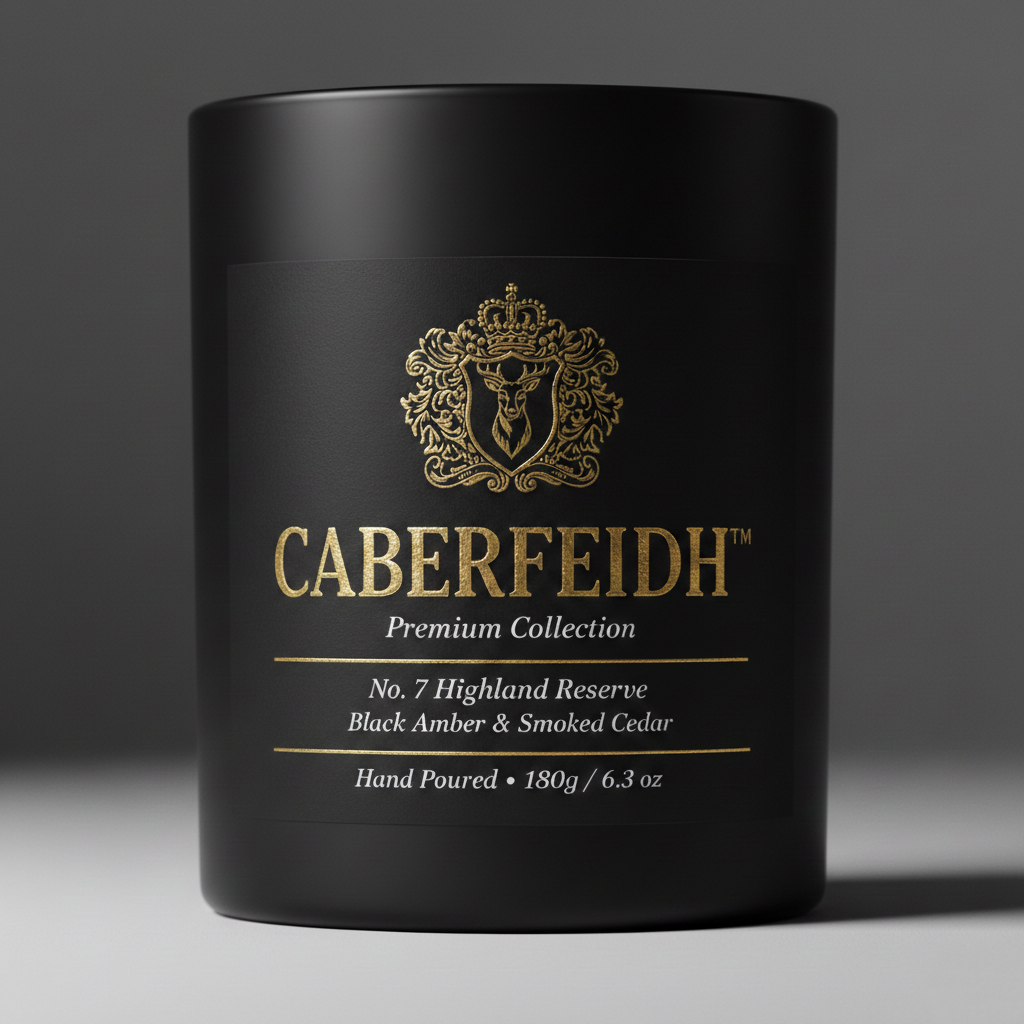 Caberfeidh Premium Collection hand-poured candle - No. 7 Highland Reserve, Black Amber and Smoked Cedar